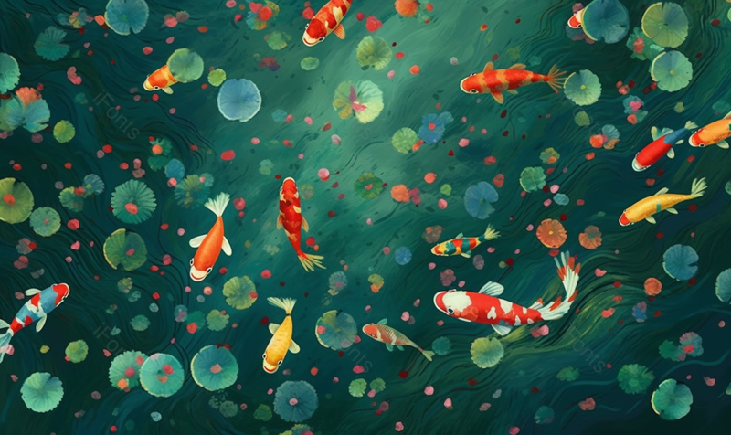 红色的锦鲤在池塘荷叶下游玩背景,插画/手绘图,插画/手绘图库,插画/手绘图下载,插画/手绘